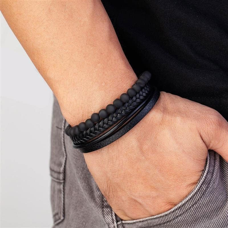 Men's Leather Bracelet with Natural Stone Obsidian Magnetic Buckle