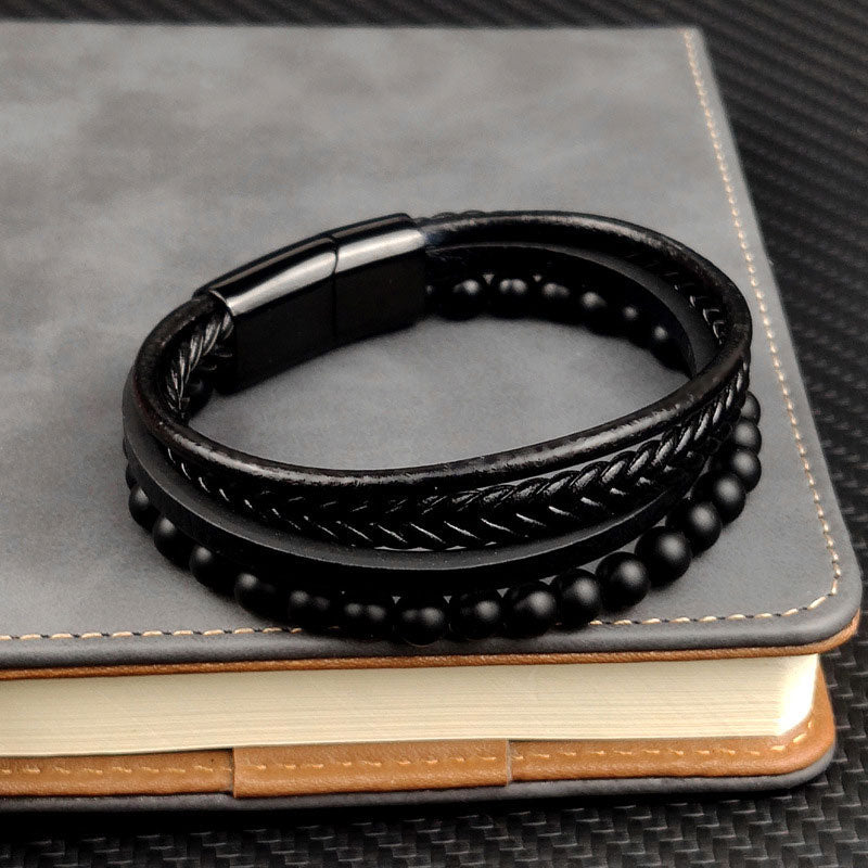 Men's Leather Bracelet with Natural Stone Obsidian Magnetic Buckle